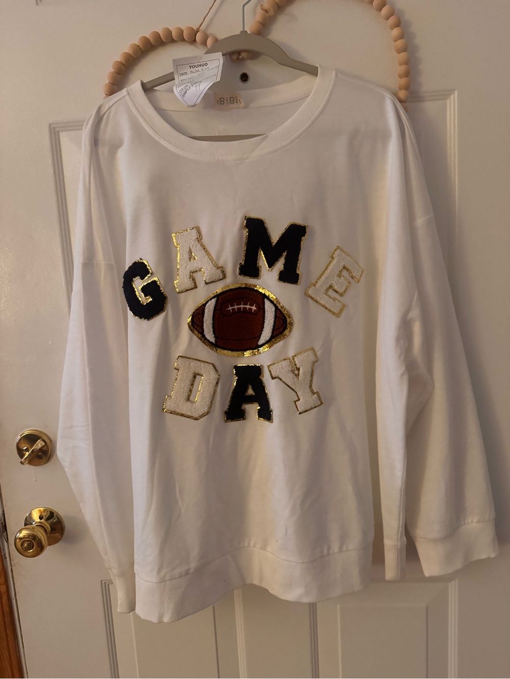 BIBI GAME DAY White Football Sweatshirt with Gold & Black Appliqué SIZE 1x